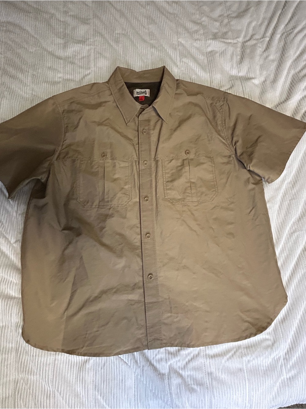 Woolrich Men's Beige Short Sleeve Fishing Hiking Shirt Button Up, Size L